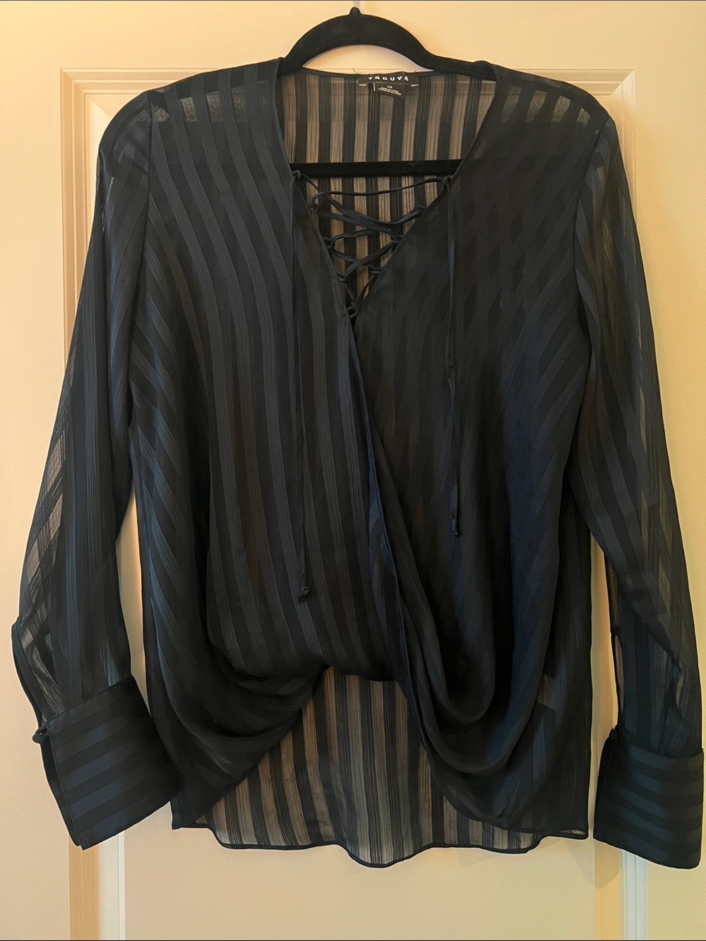 Trouve Navy Sheer Stripe Lace-Up Blouse XS
